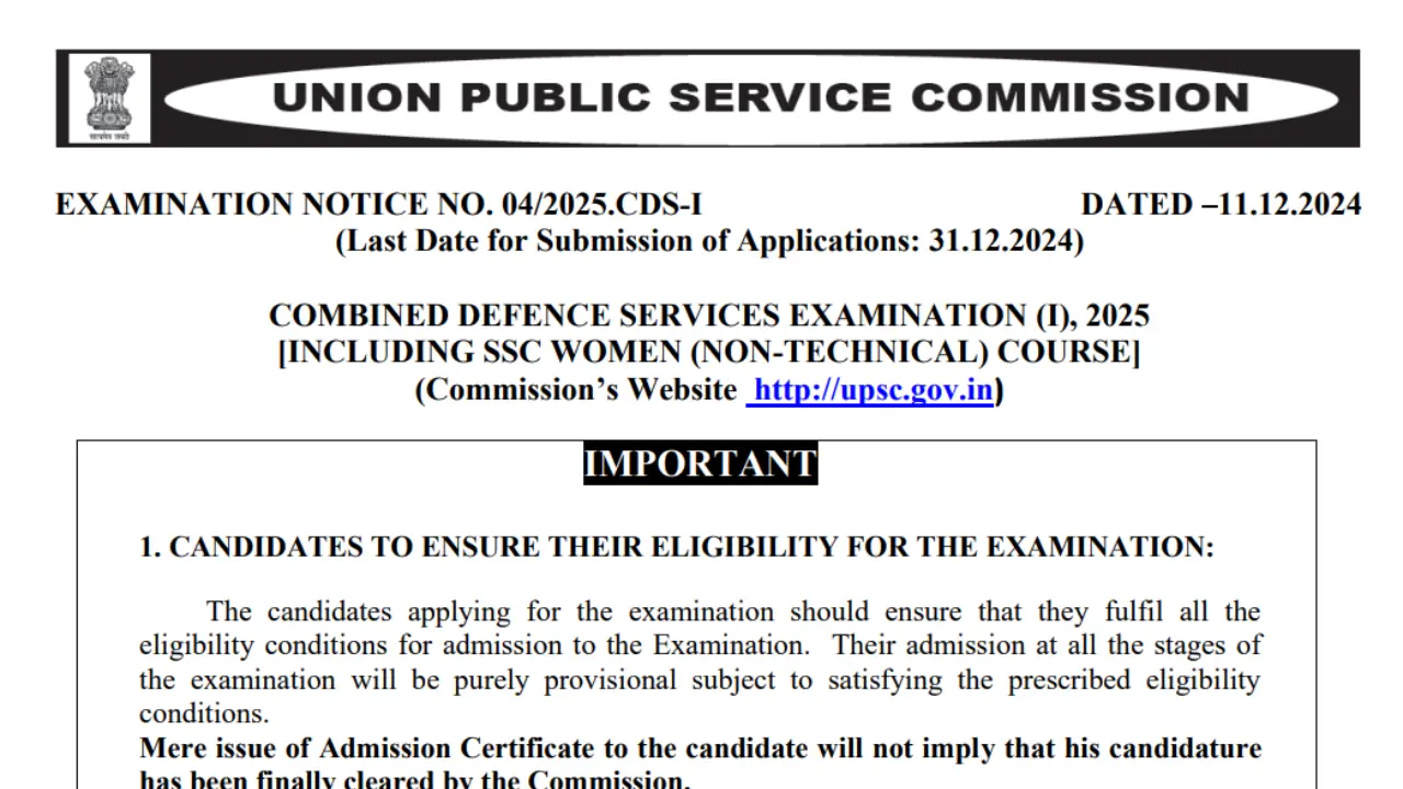 UPSC CDS (1) 2025 Notification and Online Form